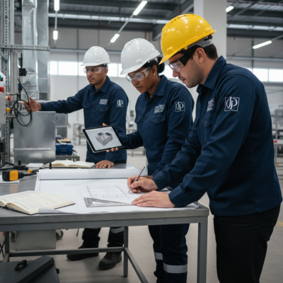 Engenheiros da JP Projetos analisando sistemas de climatização